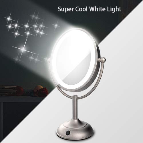 Lighted Makeup Mirror, 8'' x 7'' LED Vanity Mirror with 1x/5x Magnifying, 360° Rotation Double Sided Makeup Mirror With Round Non-slip Base, Natural White Light, AC Adapter Or Battery Operated