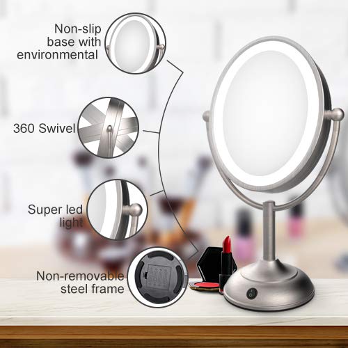 Lighted Makeup Mirror, 8'' x 7'' LED Vanity Mirror with 1x/5x Magnifying, 360° Rotation Double Sided Makeup Mirror With Round Non-slip Base, Natural White Light, AC Adapter Or Battery Operated
