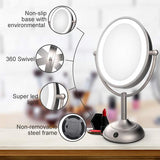 Lighted Makeup Mirror, 8'' x 7'' LED Vanity Mirror with 1x/5x Magnifying, 360° Rotation Double Sided Makeup Mirror With Round Non-slip Base, Natural White Light, AC Adapter Or Battery Operated