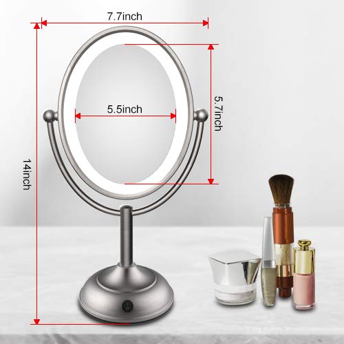 Lighted Makeup Mirror, 8'' x 7'' LED Vanity Mirror with 1x/5x Magnifying, 360° Rotation Double Sided Makeup Mirror With Round Non-slip Base, Natural White Light, AC Adapter Or Battery Operated