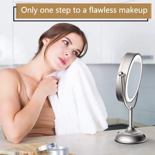 Lighted Makeup Mirror, 8'' x 7'' LED Vanity Mirror with 1x/5x Magnifying, 360° Rotation Double Sided Makeup Mirror With Round Non-slip Base, Natural White Light, AC Adapter Or Battery Operated