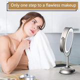 Lighted Makeup Mirror, 8'' x 7'' LED Vanity Mirror with 1x/5x Magnifying, 360° Rotation Double Sided Makeup Mirror With Round Non-slip Base, Natural White Light, AC Adapter Or Battery Operated