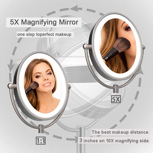 Lighted Makeup Mirror, 8'' x 7'' LED Vanity Mirror with 1x/5x Magnifying, 360° Rotation Double Sided Makeup Mirror With Round Non-slip Base, Natural White Light, AC Adapter Or Battery Operated