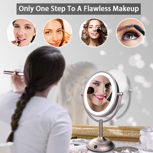 Lighted Makeup Mirror, 8'' x 7'' LED Vanity Mirror with 1x/5x Magnifying, 360° Rotation Double Sided Makeup Mirror With Round Non-slip Base, Natural White Light, AC Adapter Or Battery Operated