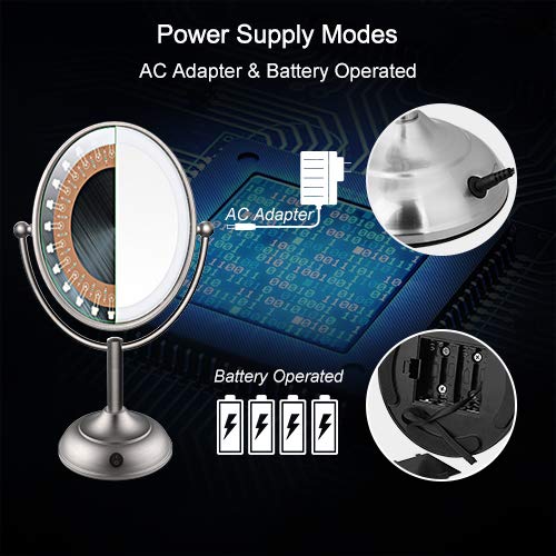 Lighted Makeup Mirror, 8'' x 7'' LED Vanity Mirror with 1x/5x Magnifying, 360° Rotation Double Sided Makeup Mirror With Round Non-slip Base, Natural White Light, AC Adapter Or Battery Operated