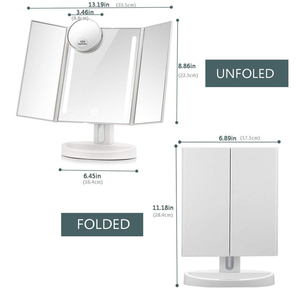 LEJU Makeup Mirror/Natural Daylight Lighted Vanity Mirror with Touch Screen Dimming, Detachable 10X Magnification Spot Mirror, Two Power Supply Mode (White)