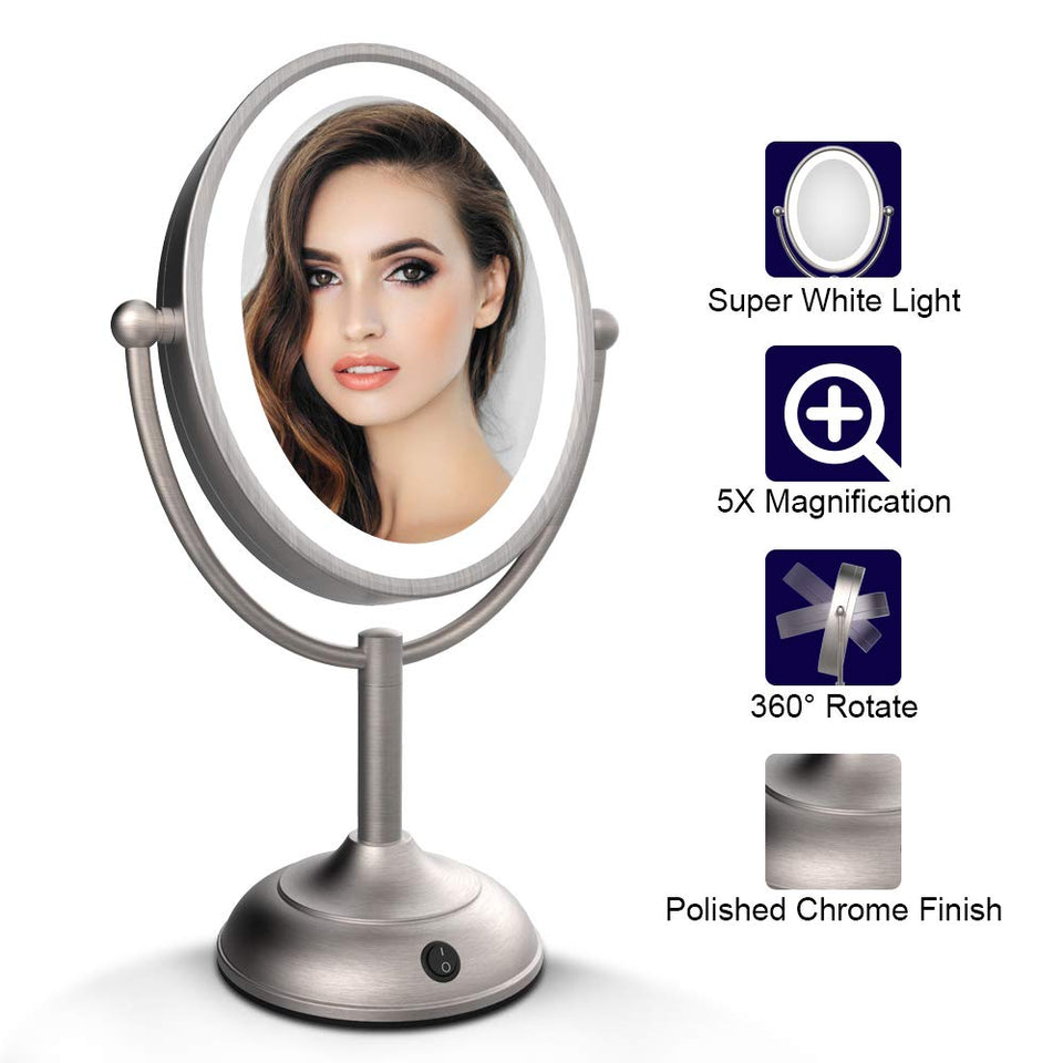 Lighted Makeup Mirror, 8'' x 7'' LED Vanity Mirror with 1x/5x Magnifying, 360° Rotation Double Sided Makeup Mirror With Round Non-slip Base, Natural White Light, AC Adapter Or Battery Operated
