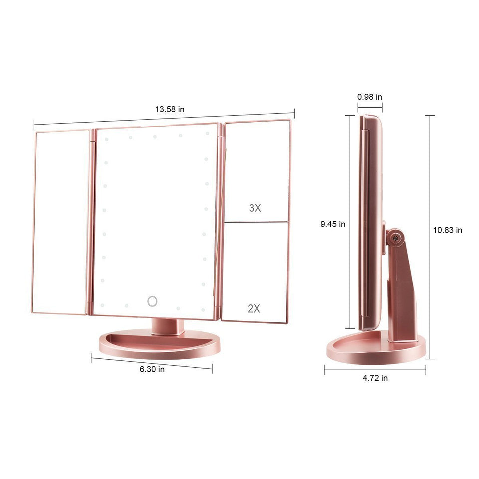RICHEN DeWEISN Tri-Fold Lighted Vanity Makeup Mirror with 21 LED Lights, Touch Screen and 3X/2X/1X Magnification Mirror, Two power Supply Mode Tabletop Makeup Mirror,Travel Cosmetic Mirror (Rose Gold)