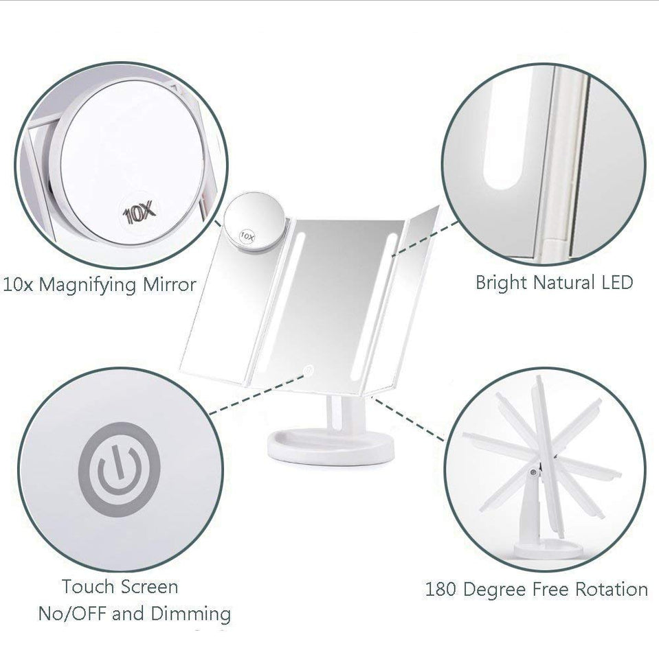 LEJU Makeup Mirror/Natural Daylight Lighted Vanity Mirror with Touch Screen Dimming, Detachable 10X Magnification Spot Mirror, Two Power Supply Mode (White)
