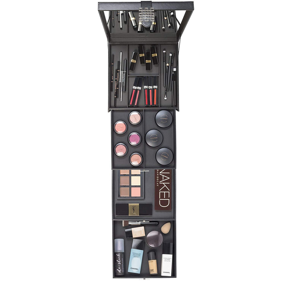 Glenor Co Makeup Organizer - Extra Large Exquisite Case w Modern Closure, 4 Drawer Trays & Full Mirror - Large Capacity Cosmetic Storage Jewelry Box Dresser, Counter-top & Vanity - PU Leather - Black