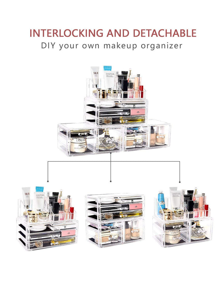 DreamGenius Makeup Organizer 4 Pieces Acrylic Jewelry and Cosmetic Storage Display Boxes with 9 Drawers