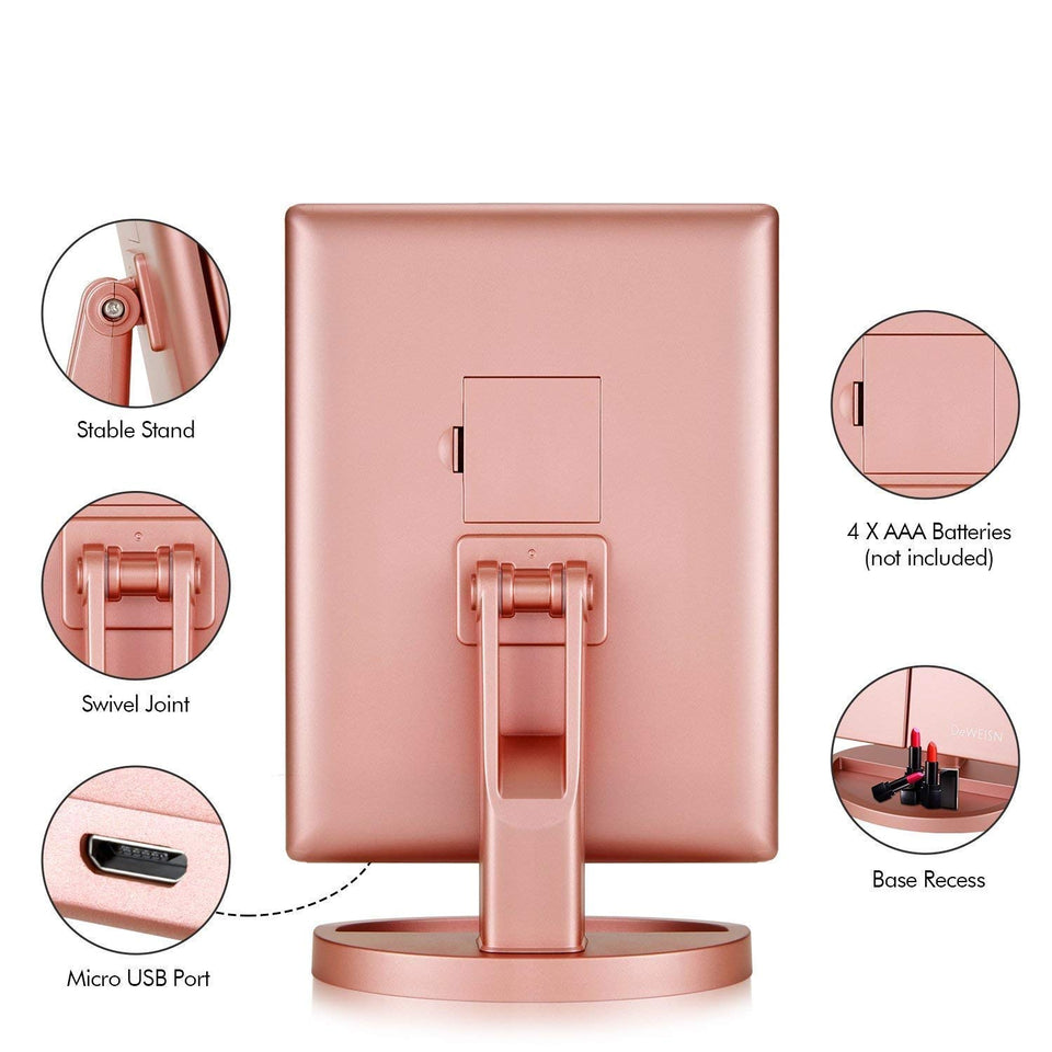 RICHEN DeWEISN Tri-Fold Lighted Vanity Makeup Mirror with 21 LED Lights, Touch Screen and 3X/2X/1X Magnification Mirror, Two power Supply Mode Tabletop Makeup Mirror,Travel Cosmetic Mirror (Rose Gold)