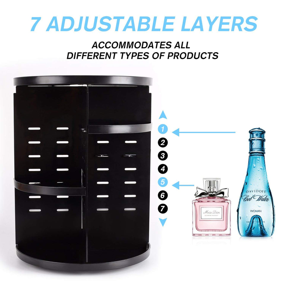 sanipoe 360 Rotating Makeup Organizer, DIY Adjustable Makeup Carousel Spinning Holder Storage Rack, Large Capacity Make up Caddy Shelf Cosmetics Organizer Box, Best for Countertop, Black