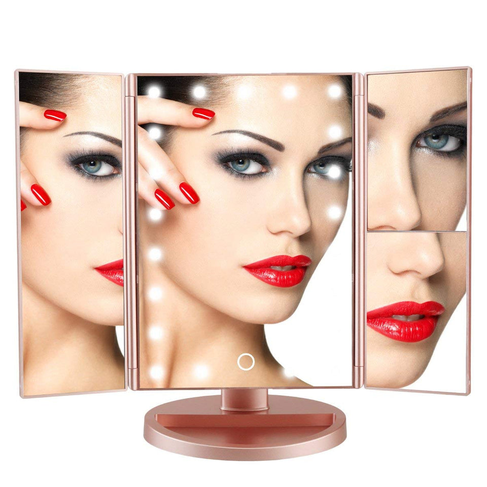 RICHEN DeWEISN Tri-Fold Lighted Vanity Makeup Mirror with 21 LED Lights, Touch Screen and 3X/2X/1X Magnification Mirror, Two power Supply Mode Tabletop Makeup Mirror,Travel Cosmetic Mirror (Rose Gold)