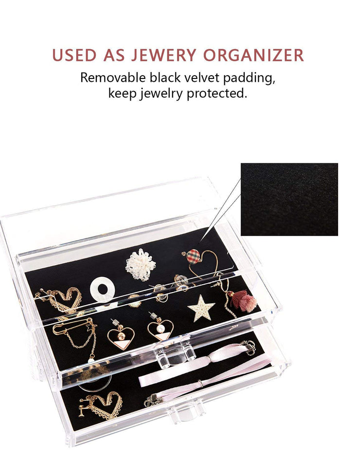 DreamGenius Makeup Organizer 4 Pieces Acrylic Jewelry and Cosmetic Storage Display Boxes with 9 Drawers