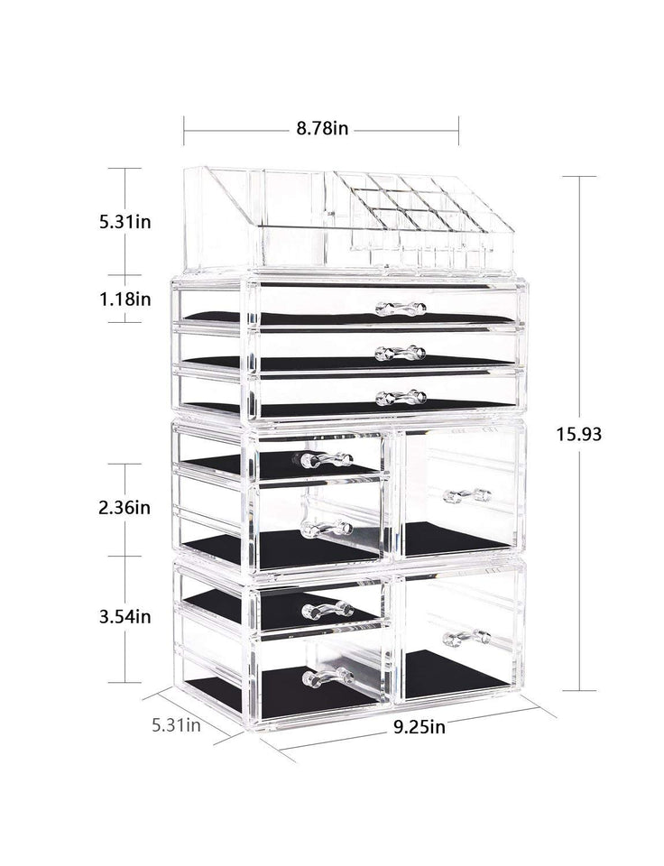 DreamGenius Makeup Organizer 4 Pieces Acrylic Jewelry and Cosmetic Storage Display Boxes with 9 Drawers