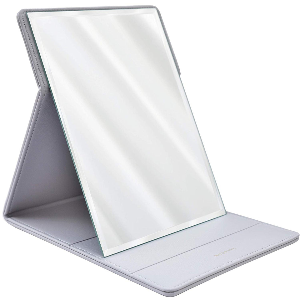Premium Portable Makeup Mirror by MODESSE (Grey) | Perfect for Travel, Office Desk, Vanity Table | Large Size, Folding Design with Stand, Vegan Leather | Beauty Gifts for Bridesmaids