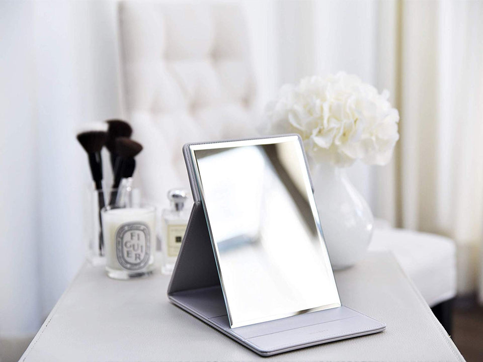 Premium Portable Makeup Mirror by MODESSE (Grey) | Perfect for Travel, Office Desk, Vanity Table | Large Size, Folding Design with Stand, Vegan Leather | Beauty Gifts for Bridesmaids