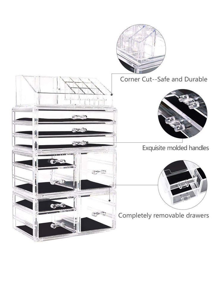 DreamGenius Makeup Organizer 4 Pieces Acrylic Jewelry and Cosmetic Storage Display Boxes with 9 Drawers