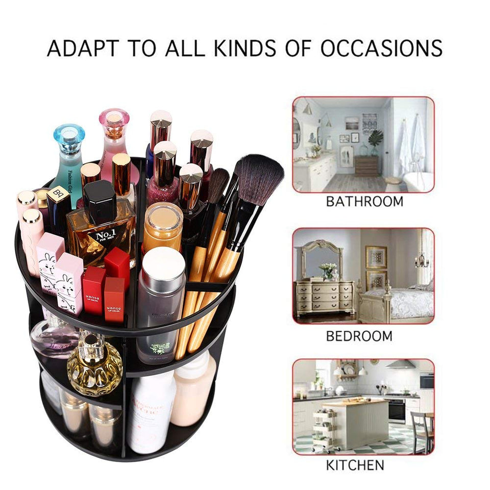 sanipoe 360 Rotating Makeup Organizer, DIY Adjustable Makeup Carousel Spinning Holder Storage Rack, Large Capacity Make up Caddy Shelf Cosmetics Organizer Box, Best for Countertop, Black