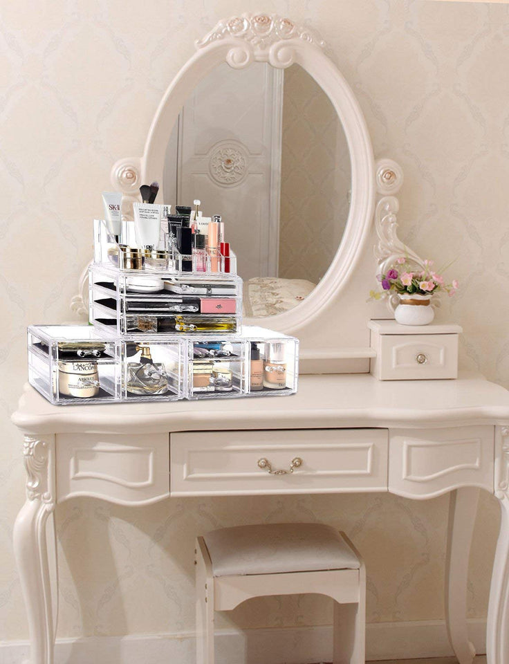 DreamGenius Makeup Organizer 4 Pieces Acrylic Jewelry and Cosmetic Storage Display Boxes with 9 Drawers