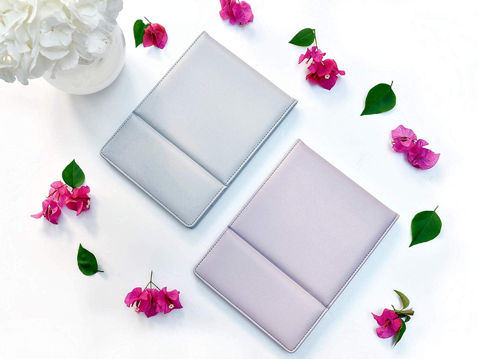 Premium Portable Makeup Mirror by MODESSE (Grey) | Perfect for Travel, Office Desk, Vanity Table | Large Size, Folding Design with Stand, Vegan Leather | Beauty Gifts for Bridesmaids