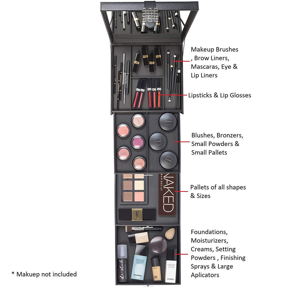 Glenor Co Makeup Organizer - Extra Large Exquisite Case w Modern Closure, 4 Drawer Trays & Full Mirror - Large Capacity Cosmetic Storage Jewelry Box Dresser, Counter-top & Vanity - PU Leather - Black