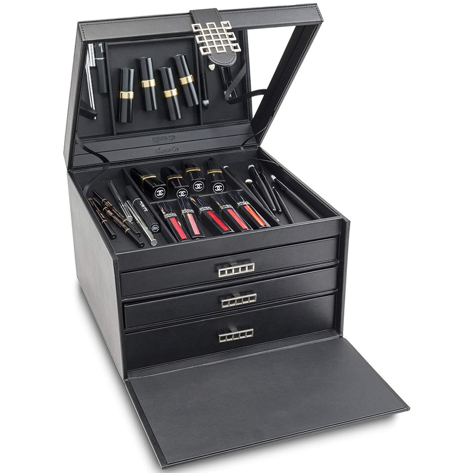 Glenor Co Makeup Organizer - Extra Large Exquisite Case w Modern Closure, 4 Drawer Trays & Full Mirror - Large Capacity Cosmetic Storage Jewelry Box Dresser, Counter-top & Vanity - PU Leather - Black