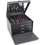 Glenor Co Makeup Organizer - Extra Large Exquisite Case w Modern Closure, 4 Drawer Trays & Full Mirror - Large Capacity Cosmetic Storage Jewelry Box Dresser, Counter-top & Vanity - PU Leather - Black