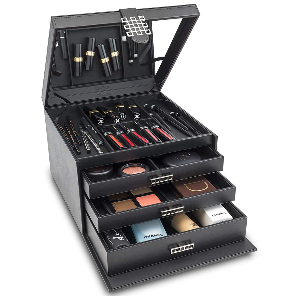 Glenor Co Makeup Organizer - Extra Large Exquisite Case w Modern Closure, 4 Drawer Trays & Full Mirror - Large Capacity Cosmetic Storage Jewelry Box Dresser, Counter-top & Vanity - PU Leather - Black