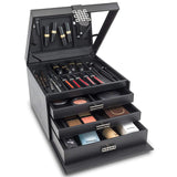 Glenor Co Makeup Organizer - Extra Large Exquisite Case w Modern Closure, 4 Drawer Trays & Full Mirror - Large Capacity Cosmetic Storage Jewelry Box Dresser, Counter-top & Vanity - PU Leather - Black
