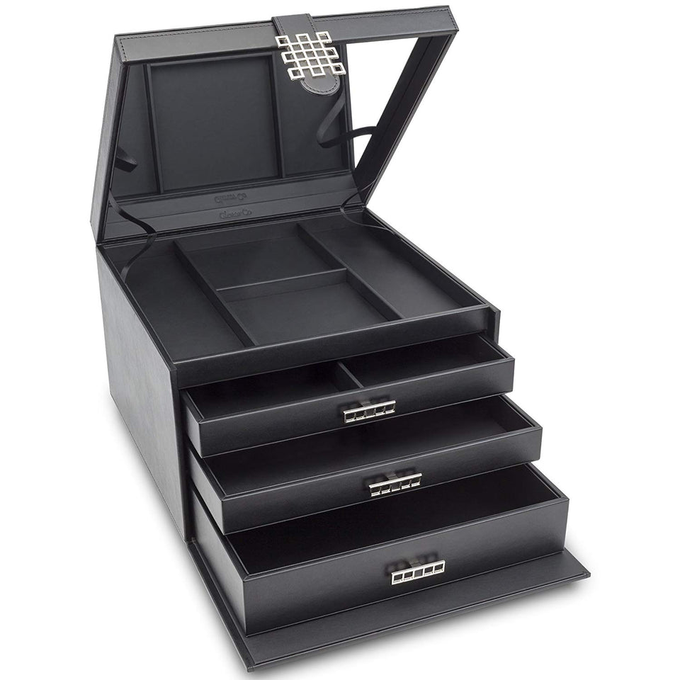 Glenor Co Makeup Organizer - Extra Large Exquisite Case w Modern Closure, 4 Drawer Trays & Full Mirror - Large Capacity Cosmetic Storage Jewelry Box Dresser, Counter-top & Vanity - PU Leather - Black