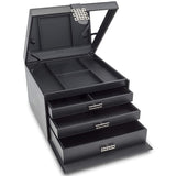 Glenor Co Makeup Organizer - Extra Large Exquisite Case w Modern Closure, 4 Drawer Trays & Full Mirror - Large Capacity Cosmetic Storage Jewelry Box Dresser, Counter-top & Vanity - PU Leather - Black