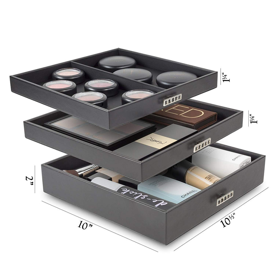 Glenor Co Makeup Organizer - Extra Large Exquisite Case w Modern Closure, 4 Drawer Trays & Full Mirror - Large Capacity Cosmetic Storage Jewelry Box Dresser, Counter-top & Vanity - PU Leather - Black